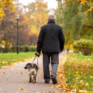 man with senior dog walking in Durham, NC